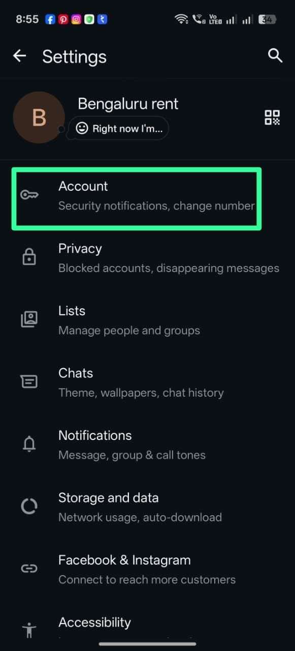 WhatsApp Business app Settings screen with the Account option highlighted