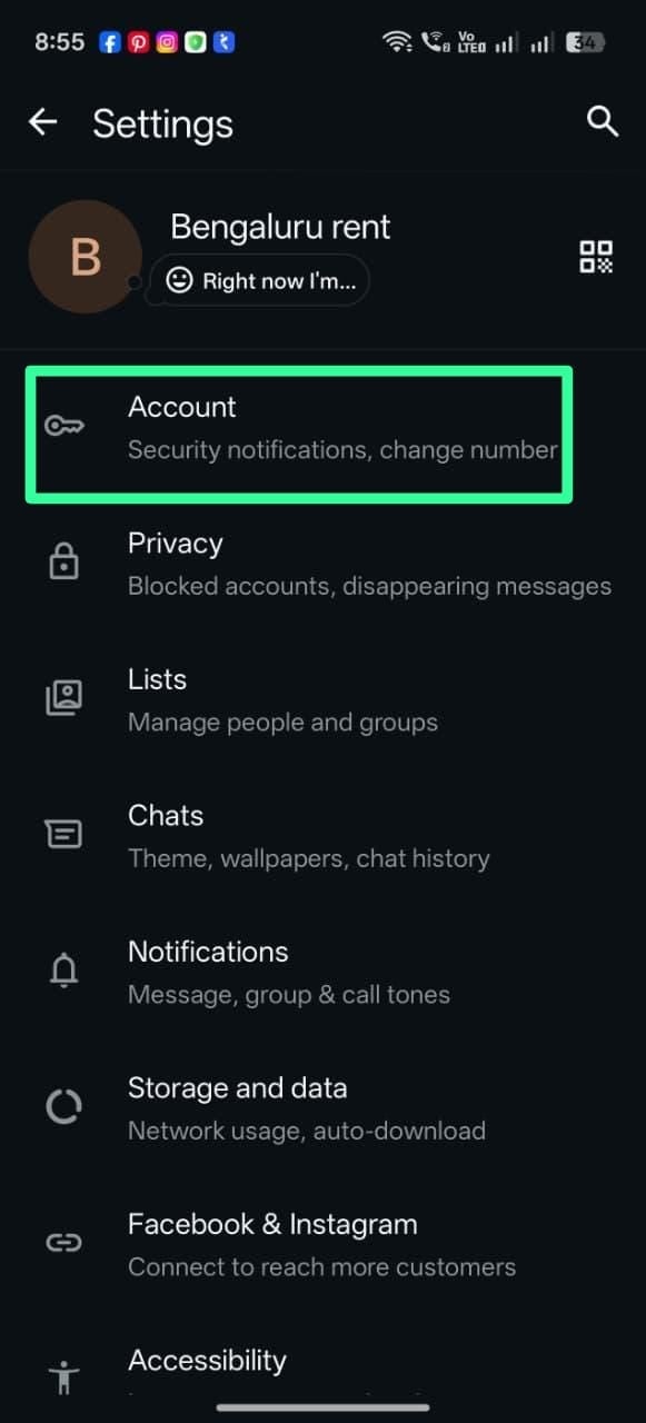 WhatsApp Business app Settings screen with the Account option highlighted