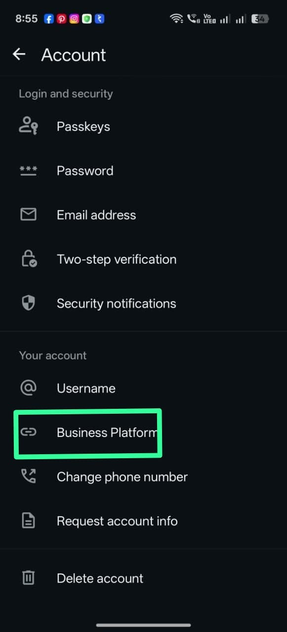 WhatsApp Business app Account screen with the Business Platform option highlighted