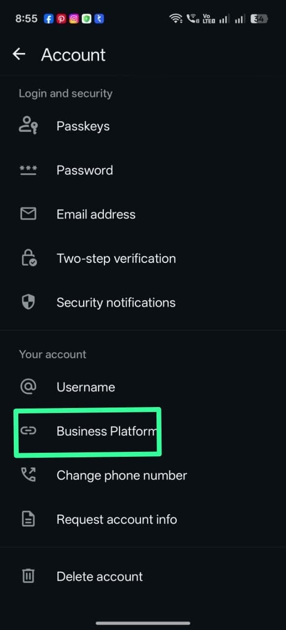 WhatsApp Business app Account screen with the Business Platform option highlighted