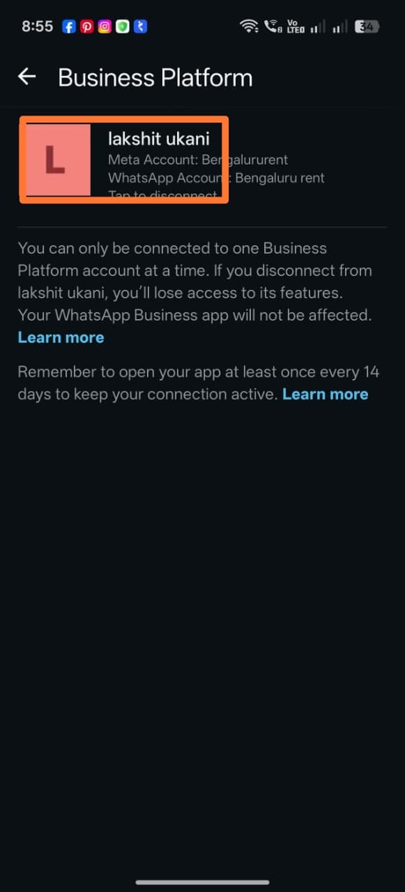 WhatsApp Business app Business Platform screen showing the currently connected partner, with a note that disconnecting loses access to that partner's features but the WhatsApp Business app itself is unaffected