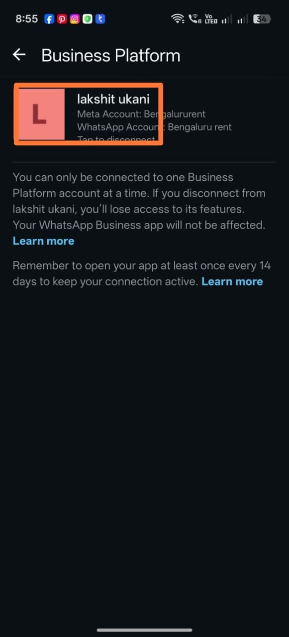 WhatsApp Business app Business Platform screen showing the currently connected partner, with a note that disconnecting loses access to that partner's features but the WhatsApp Business app itself is unaffected