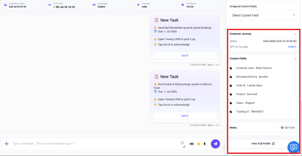 Two New Task cards inside the chat window, each with a task title, due date, an Open Twenty CRM to pick it up link, and a Got It button to acknowledge