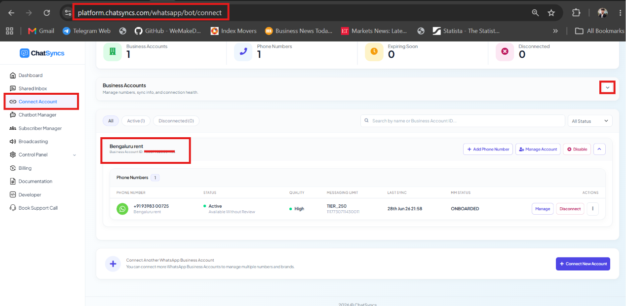 ChatSyncs Connect Account page showing a connected Business Account (Bengaluru rent) with its Business Account ID displayed under the account name