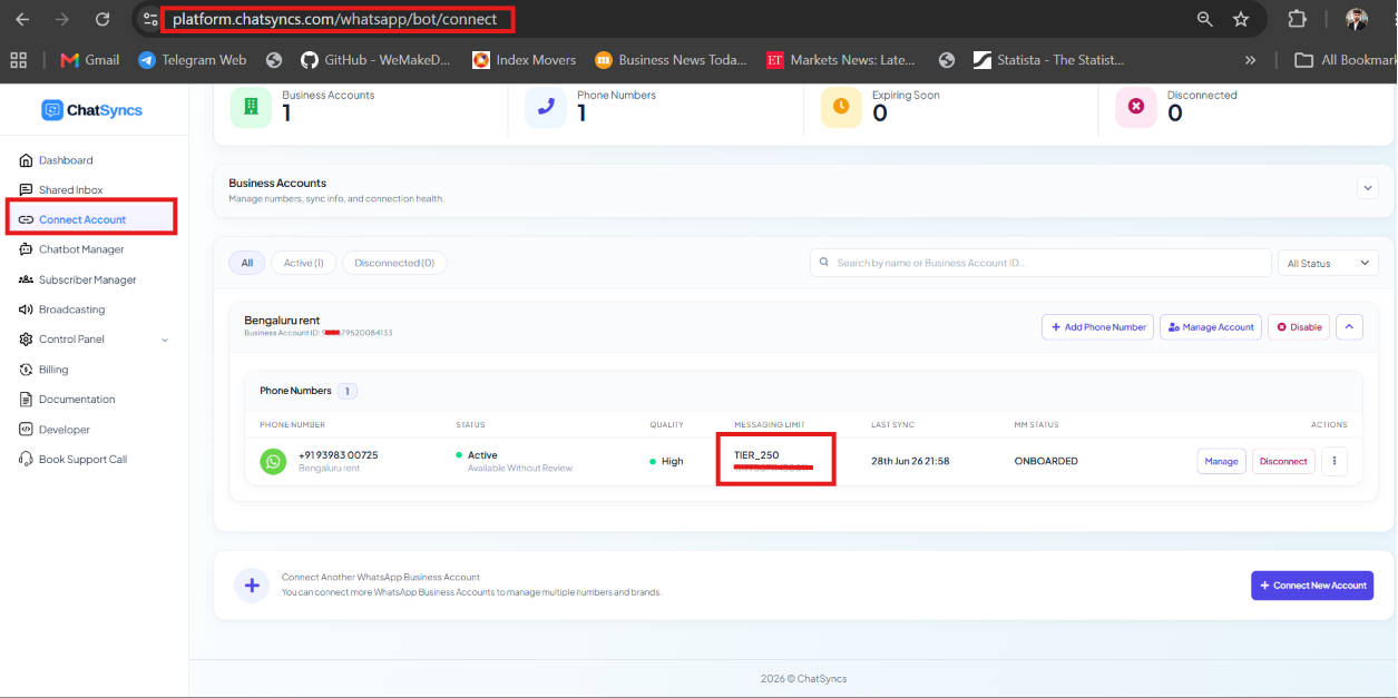 ChatSyncs Connect Account page Phone Numbers table with the phone number ID shown beneath the Messaging Limit column's tier value
