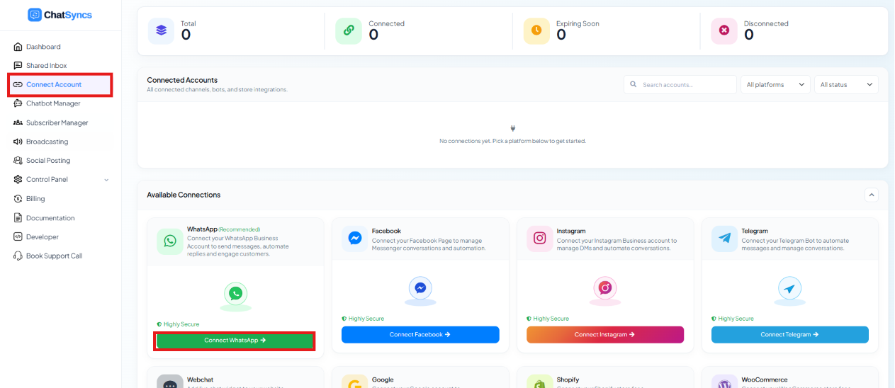 ChatSyncs Connect Account page listing available connections — WhatsApp, Facebook, Instagram, Telegram, Webchat, Google, Shopify, WooCommerce — with the Connect WhatsApp button highlighted