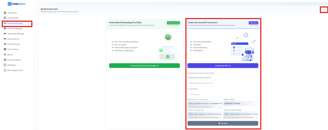 ChatSyncs Business Accounts screen with Embedded Onboarding (One Click) and Create Your Own API Connection cards side by side, the Alternative card expanded showing Business Account ID, Access Token, Webhook Callback URL, Verify Token, Privacy Policy URL, and Terms of Service URL fields
