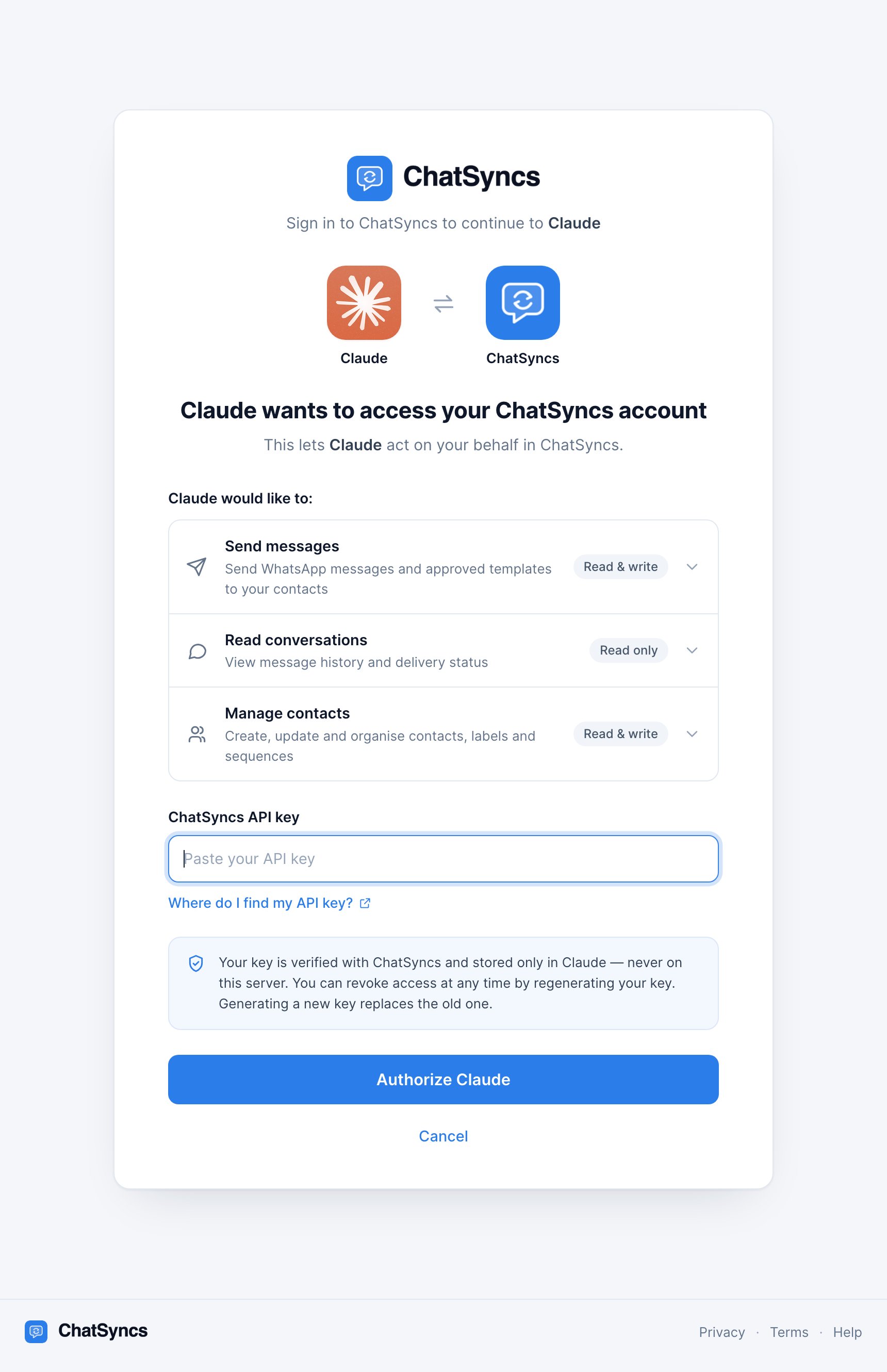 ChatSyncs connect page asking for an API key, with an Authorize Claude button