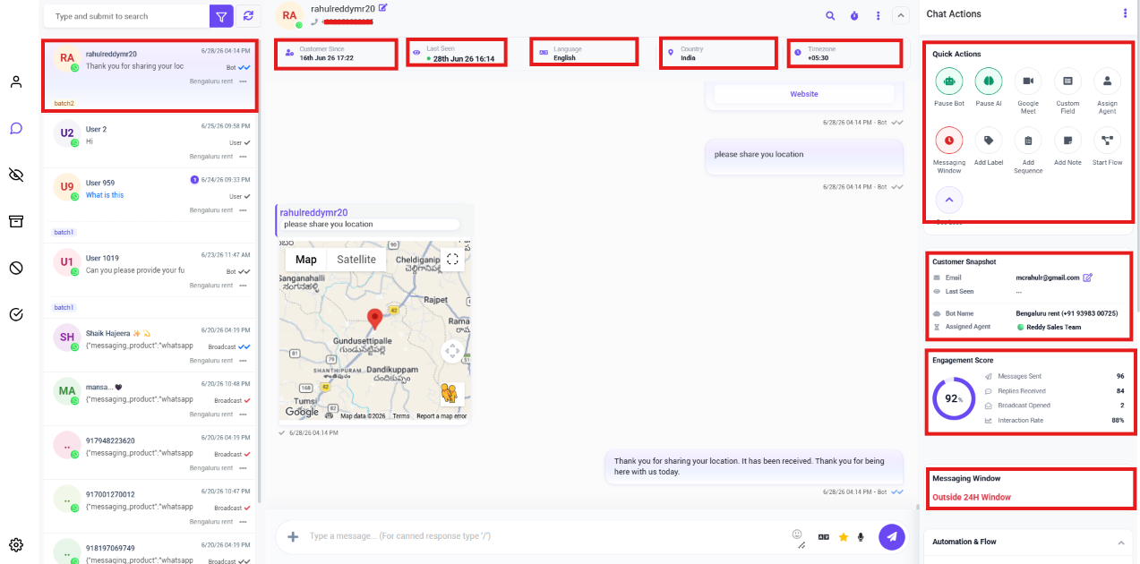 Shared Inbox full layout showing the conversation list on the left, the chat window in the center, and the Chat Actions panel on the right