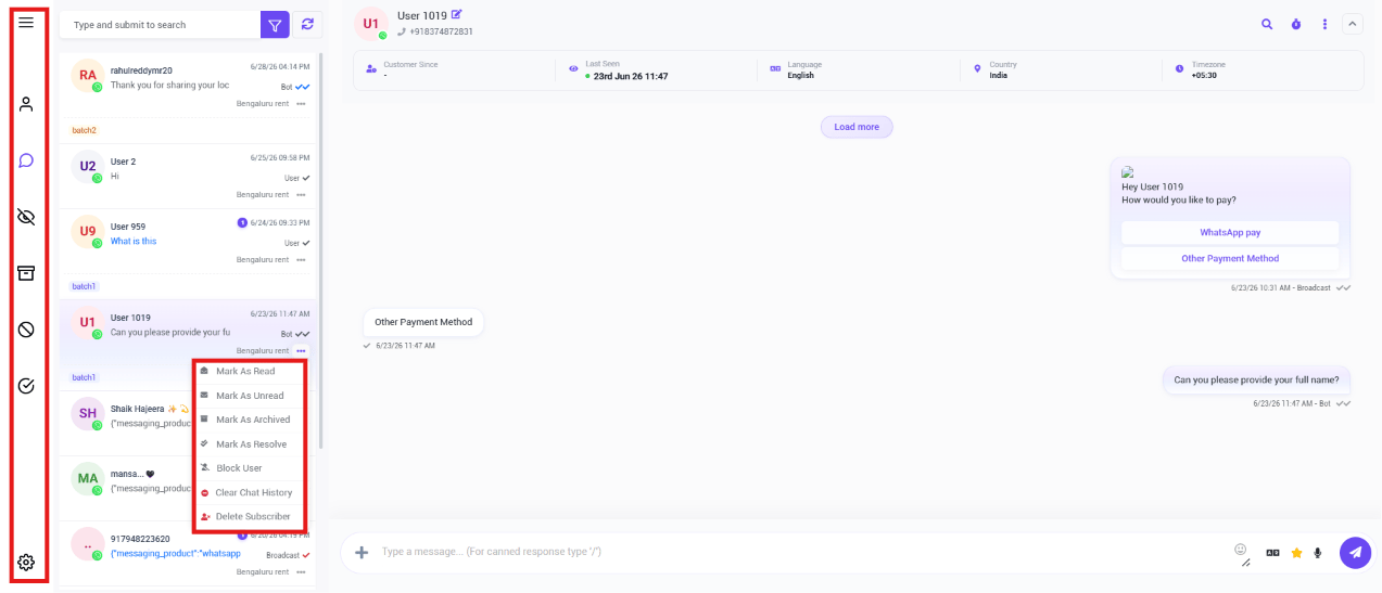 Conversation options dropdown showing Mark As Read, Mark As Unread, Mark As Archived, Mark As Resolve, Block User, Clear Chat History, and Delete Subscriber