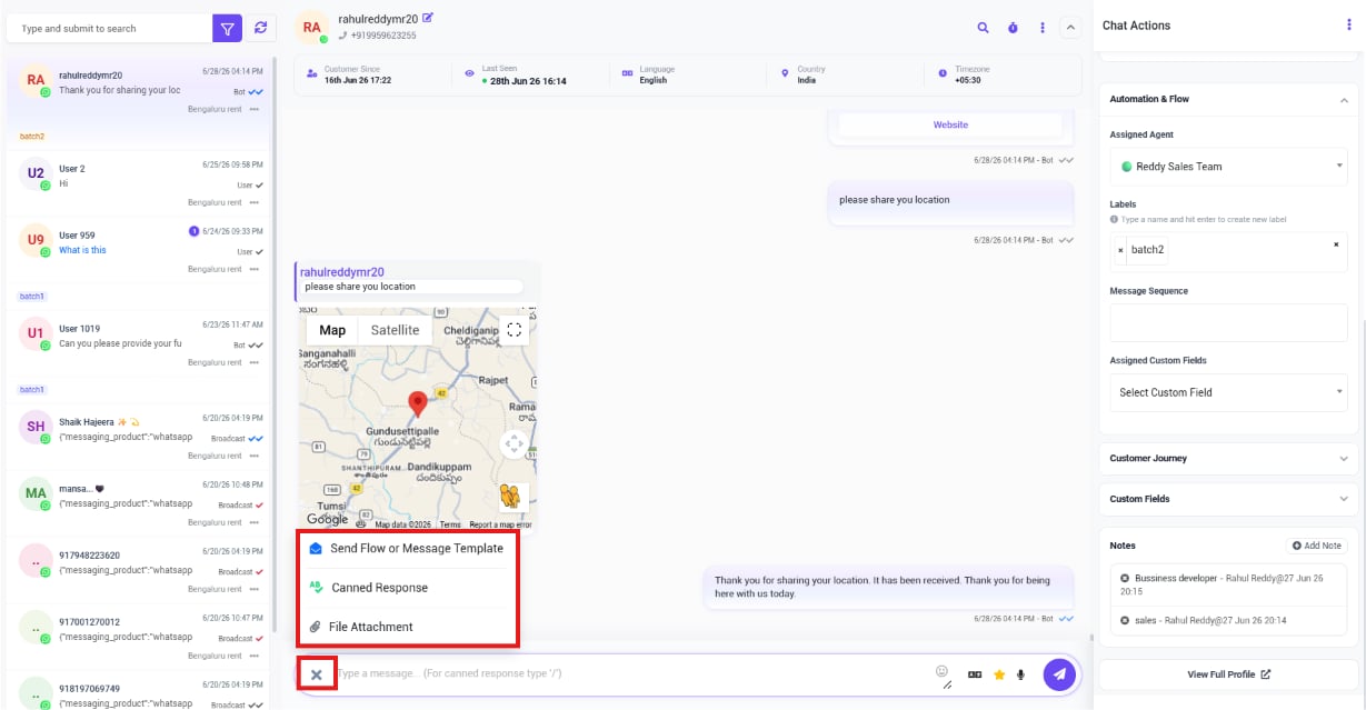 Message composer extra options menu showing Send Flow or Message Template, Canned Response, and File Attachment