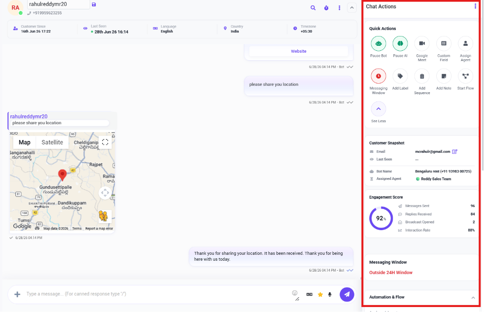 Quick Actions grid with Pause Bot, Pause AI, Google Meet, Custom Field, Assign Agent, Messaging Window, Add Label, Add Note, and Start Flow
