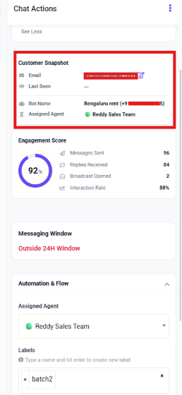 Customer Snapshot showing Email, Last Seen, Bot Name, and Assigned Agent