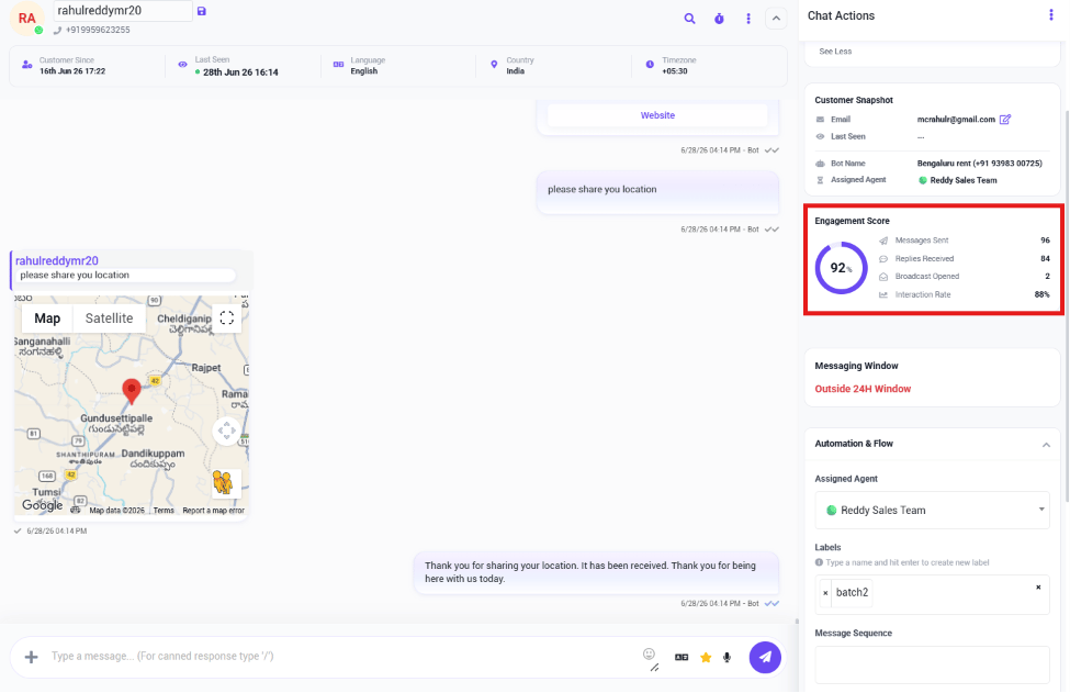 Engagement Score showing 92%, with Messages Sent, Replies Received, Broadcast Opened, and Interaction Rate