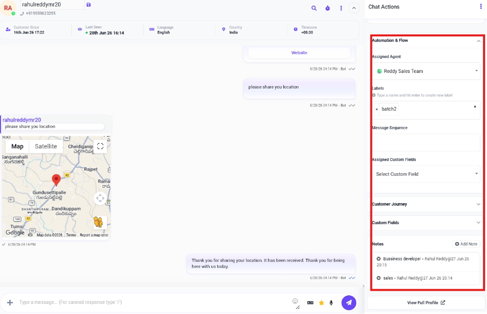 Automation and Flow section with Assigned Agent, Labels, Message Sequence, Assigned Custom Fields, Customer Journey, Custom Fields, and Notes