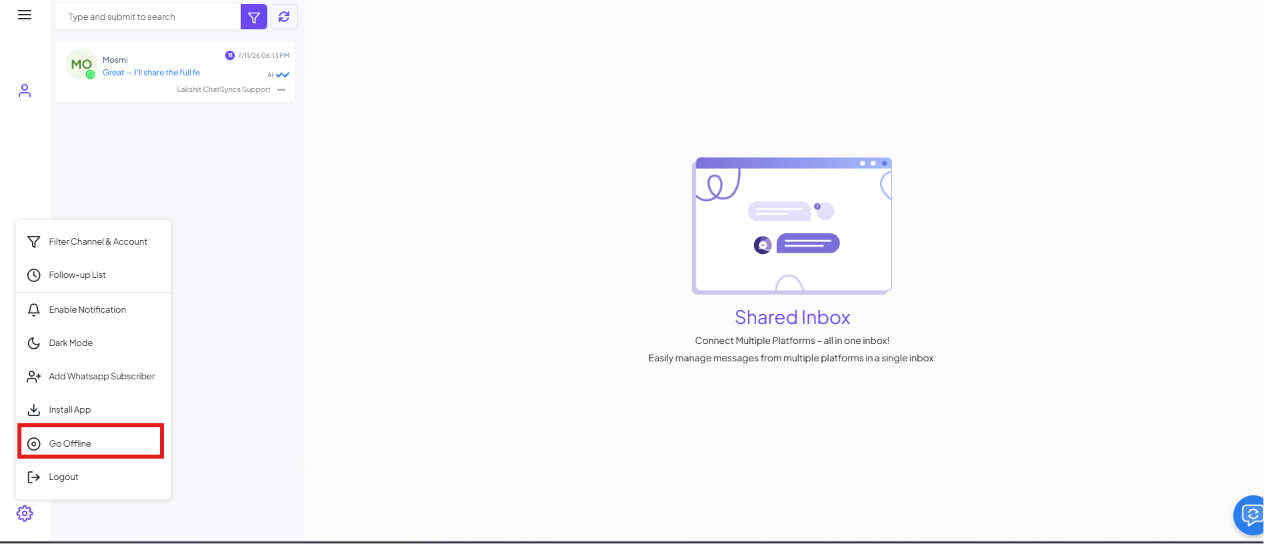 Shared Inbox settings menu with the Go Offline option highlighted