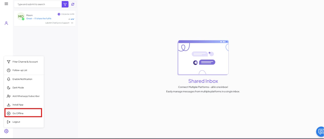 Shared Inbox settings menu with the Go Offline option highlighted
