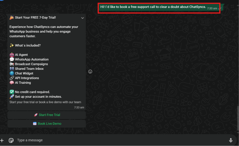 WhatsApp chat showing a customer's incoming message that triggers the bot flow