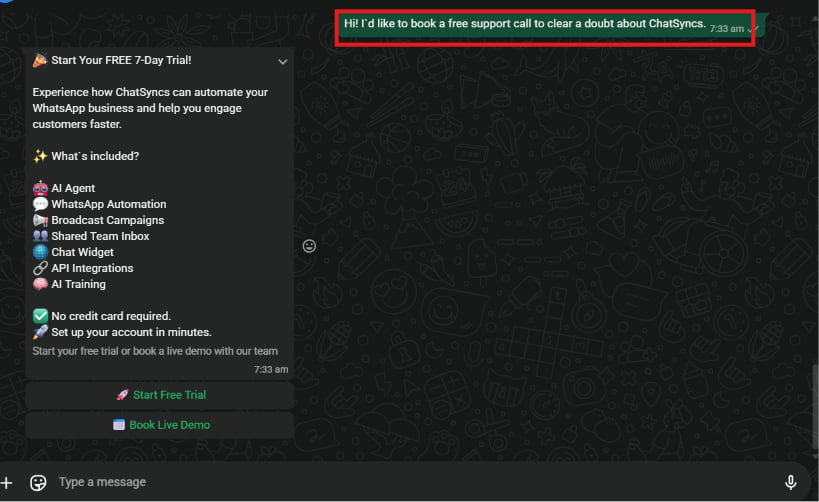 WhatsApp chat showing a customer's incoming message that triggers the bot flow
