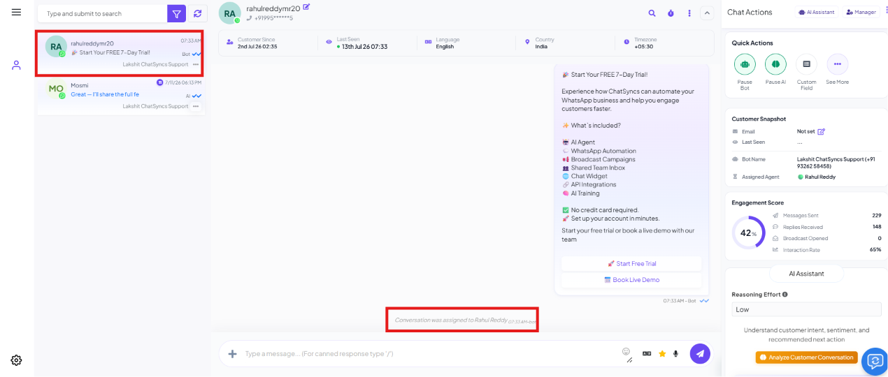 Shared Inbox showing a system message that the conversation was assigned to Rahul Reddy, with the Customer Snapshot panel confirming Assigned Agent: Rahul Reddy