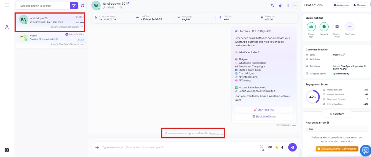 Shared Inbox showing a system message that the conversation was assigned to Rahul Reddy, with the Customer Snapshot panel confirming Assigned Agent: Rahul Reddy