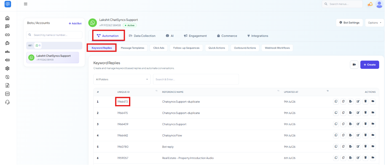 Keyword Replies list with the Unique ID column highlighted