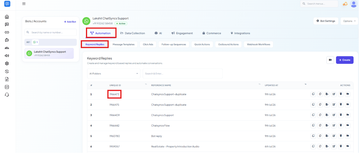 Keyword Replies list with the Unique ID column highlighted