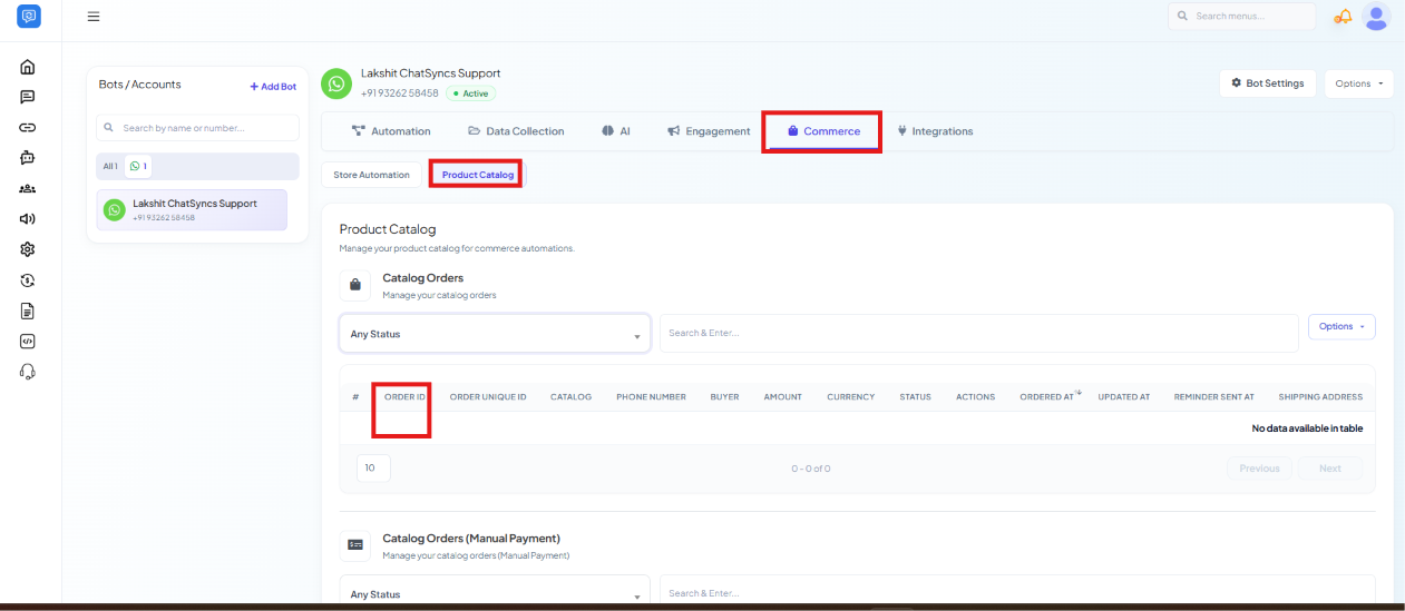 Product Catalog Catalog Orders table with the Order ID and Order Unique ID columns