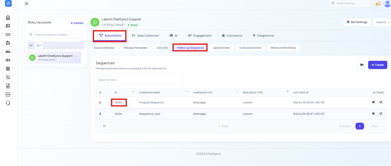 Sequences list with the ID column highlighted