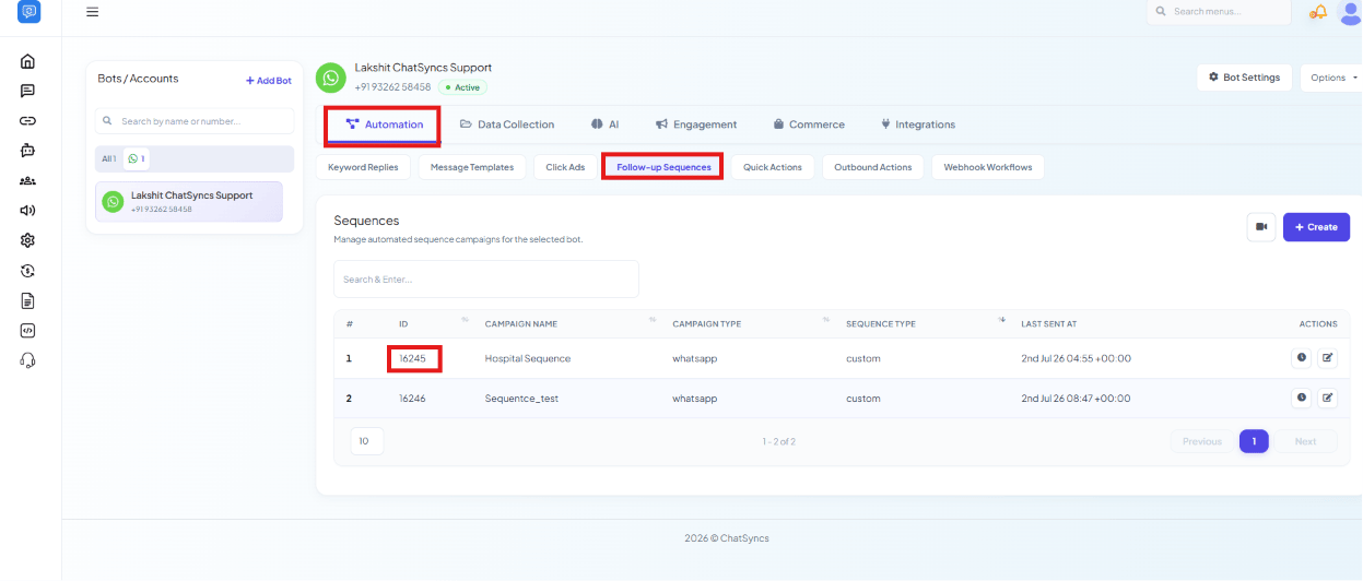 Sequences list with the ID column highlighted