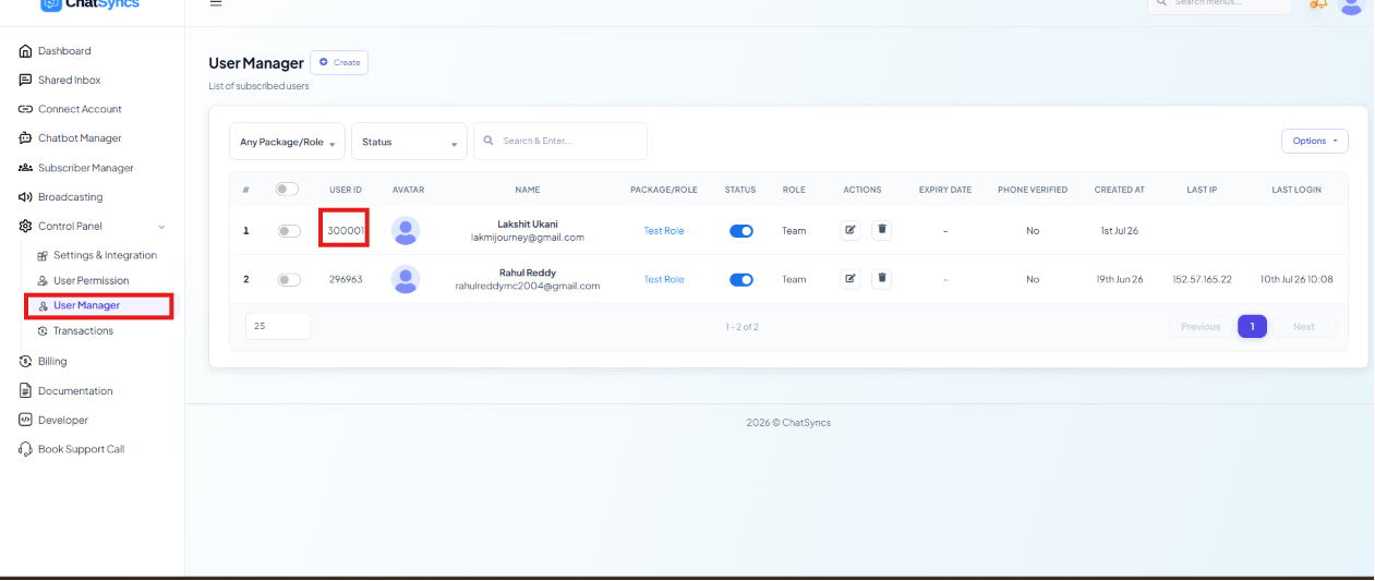 User Manager list with the User ID column highlighted