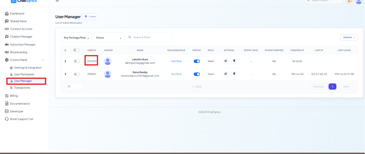User Manager list with the User ID column highlighted
