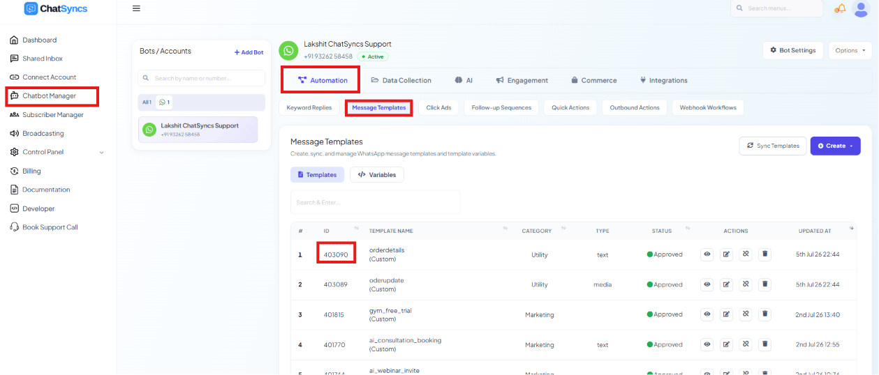 Message Templates list with the ID column highlighted
