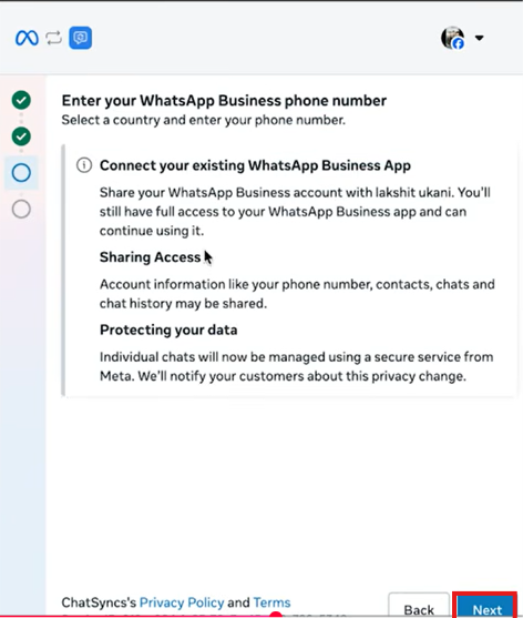 Connect your existing WhatsApp Business App info panel covering Sharing Access and Protecting your data