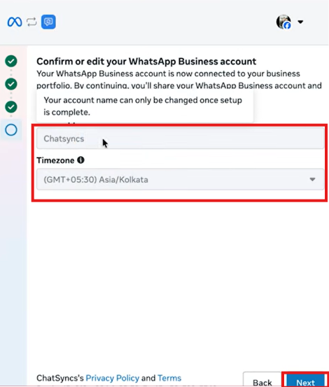 Confirm or edit your WhatsApp Business account screen with account name and Timezone fields