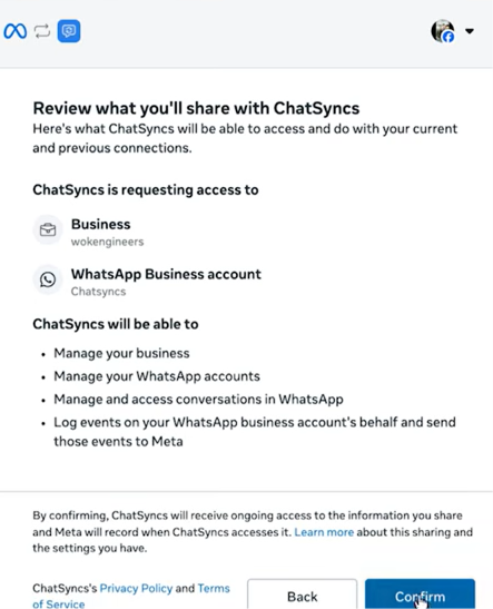 Review what you'll share with ChatSyncs screen listing requested business and WhatsApp Business account permissions