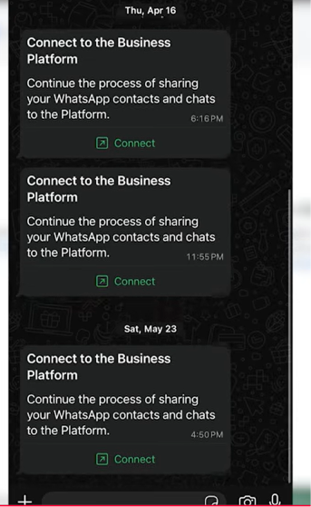 WhatsApp Business app messages titled Connect to the Business Platform, each with a Connect button