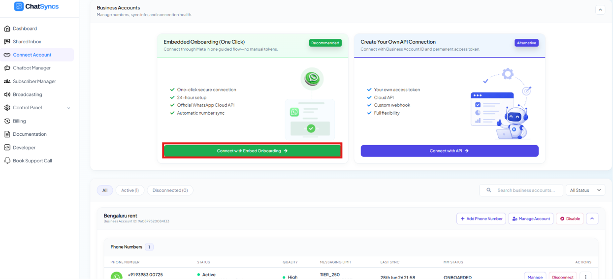 Business Accounts page with Embedded Onboarding (One Click) card and Create Your Own API Connection card side by side