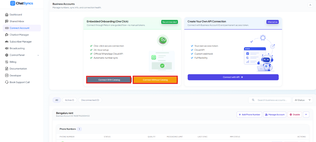 Connect With Catalog and Connect Without Catalog buttons under the Embedded Onboarding card