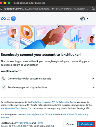 Facebook Login for Business popup: Seamlessly connect your account to ChatSyncs, with a Continue button