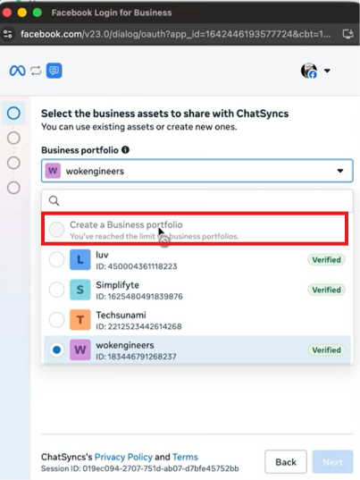 Select the business assets to share with ChatSyncs, with Create a Business portfolio option highlighted