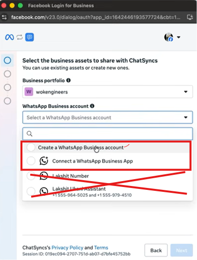 WhatsApp Business account dropdown with Create a WhatsApp Business account and Connect a WhatsApp Business App options, and existing numbers crossed out