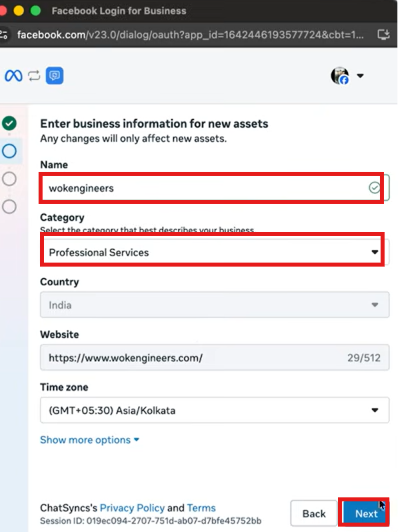 Enter business information for new assets form with Name, Category, Country, Website, and Time zone fields