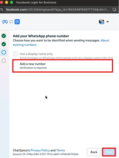 Add your WhatsApp phone number screen with Use a display name only and Add a new number options