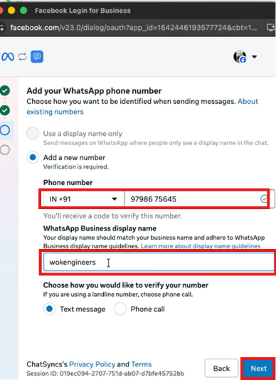 Phone number field, WhatsApp Business display name field, and Text message / Phone call verification options