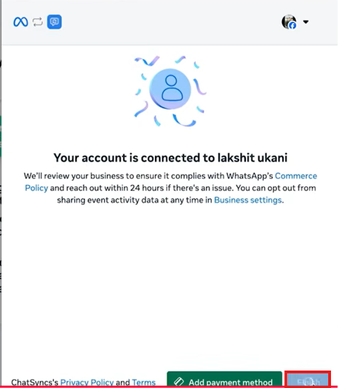 Your account is connected confirmation screen with a Finish button