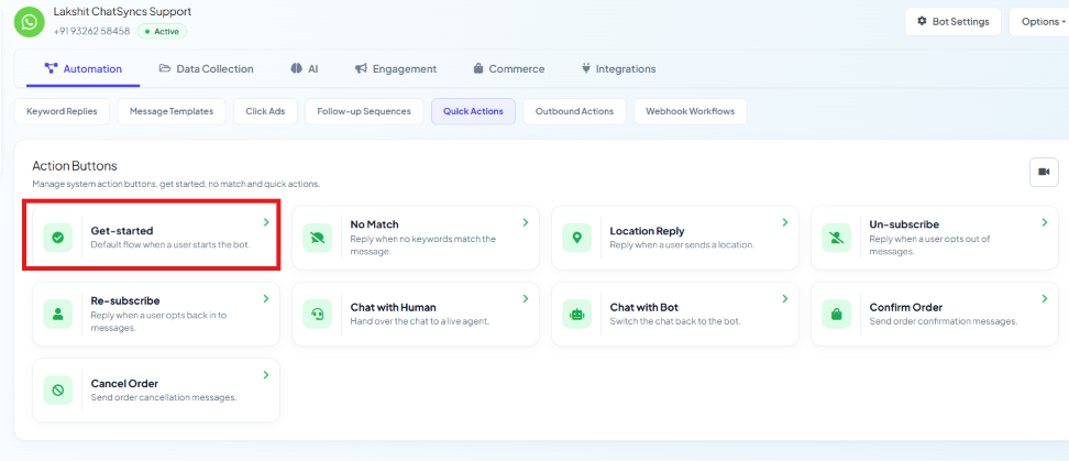 Action Buttons grid with the Get-started tile highlighted, alongside No Match, Location Reply, Un-subscribe, Re-subscribe, Chat with Human, Chat with Bot, Confirm Order, and Cancel Order