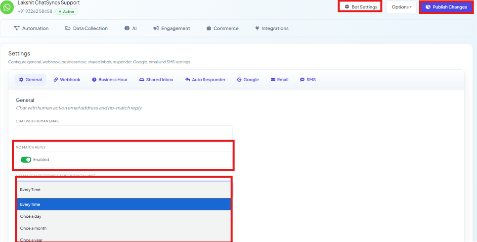 Bot Settings General tab with No Match Reply enabled and the No Match Response Frequency Limit dropdown open, showing Every Time, Once a Day, Once a Month, and Once a Year