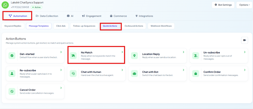 Automation tab, Quick Actions sub-tab, with the No Match tile highlighted in the Action Buttons grid alongside Get-started, Location Reply, Un-subscribe, and other tiles