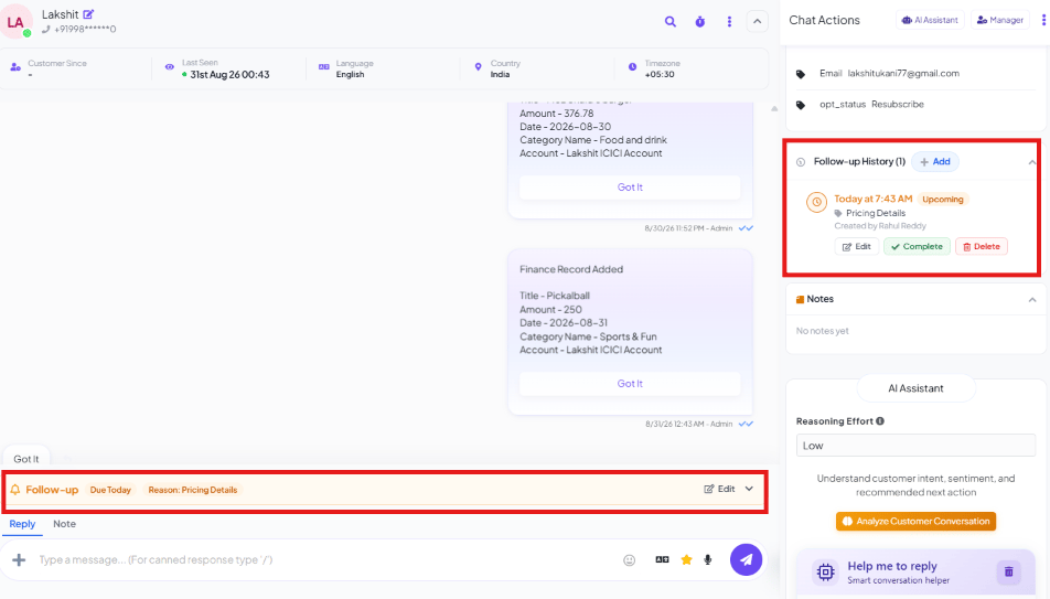 Conversation with a Follow-up Due Today banner above the composer showing the reason Pricing Details, and the Chat Actions panel's Follow-up History section listing the same upcoming follow-up with Edit, Complete, and Delete actions